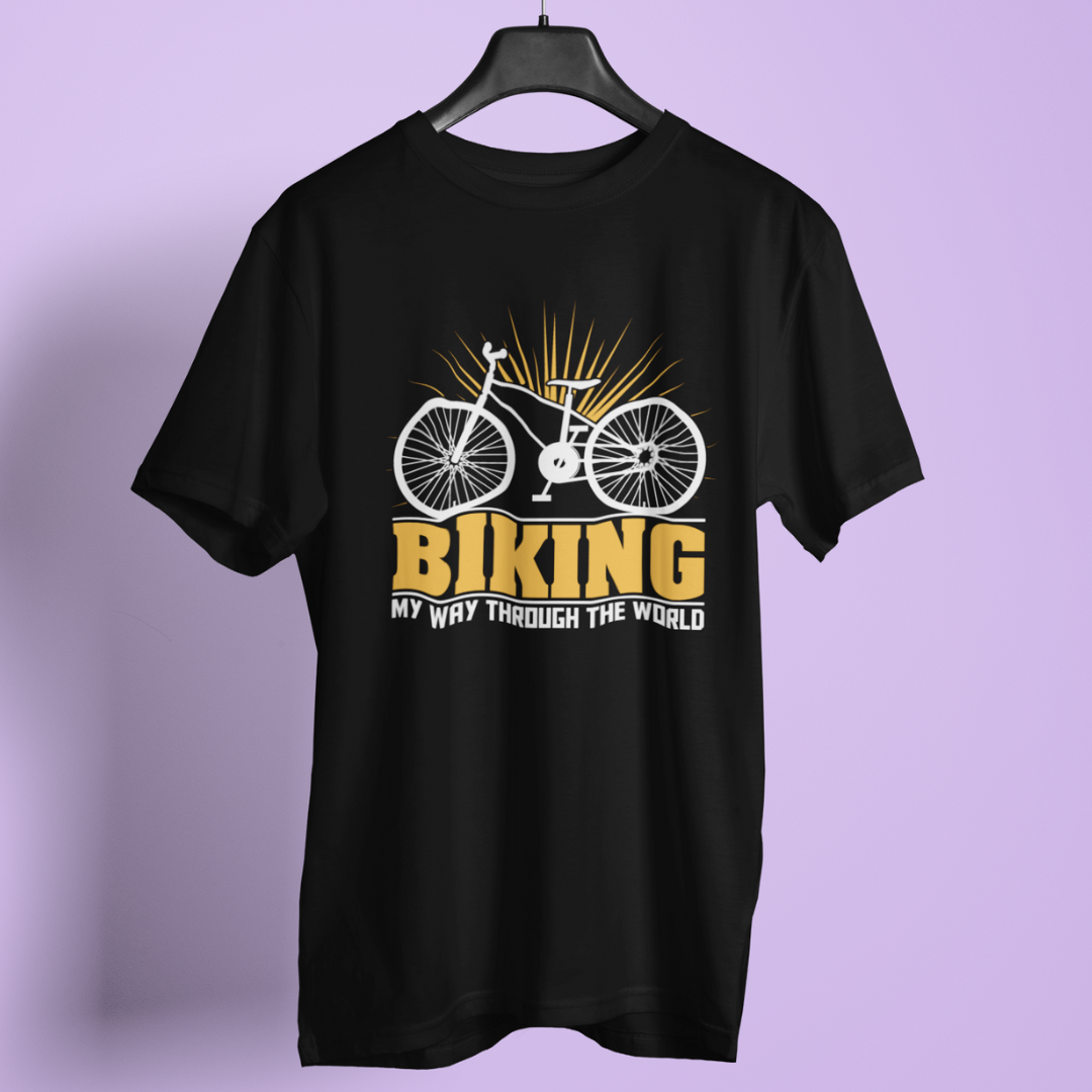 Biking my way through the world round neck t-shirt