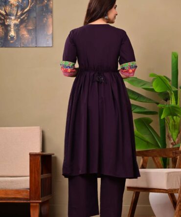 bunai india women cotton kurta pant set deep purple embroidered