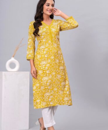 Women mustard cotton printed kurti front view