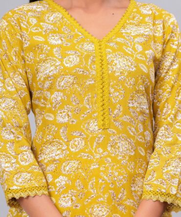 Mustard floral printed kurti V neck detail