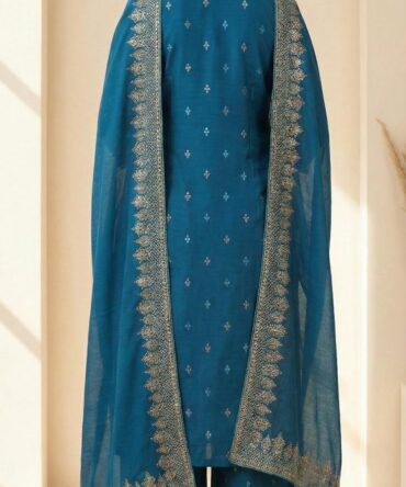 Women wearing teal blue cotton kurta pant dupatta set with intricate embroidery, ethnic wear for women by Bunai India
