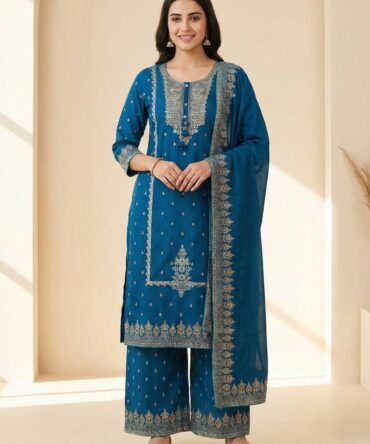 Women wearing teal blue cotton kurta pant dupatta set with intricate embroidery, ethnic wear for women by Bunai India