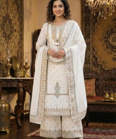 Back view ivory embroidered kurta pant set