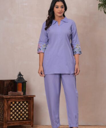 Women cotton co-ord set lavender full length view