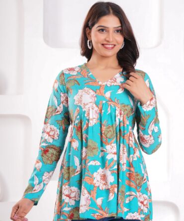 Women teal floral printed cotton top front view