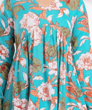 Women cotton printed top teal color lifestyle image